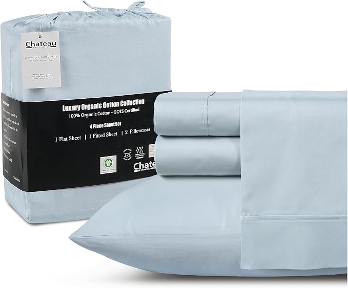 100% Organic Cotton Sheets King Size, 4 Piece Breathable Bed Sheet Set by CHATEAUHOMECOLLECTION