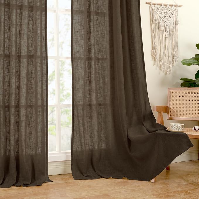 LAMIT Dark Brown Sheer Linen Curtains, 108 inch Light Filtering Semi Sheer - Image 9