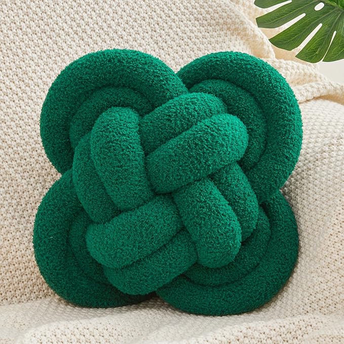 Xiashrk Knot Pillow Ball, Dark Green Knotted Plush Throw Pillow Handmade Square by Xiashrk
