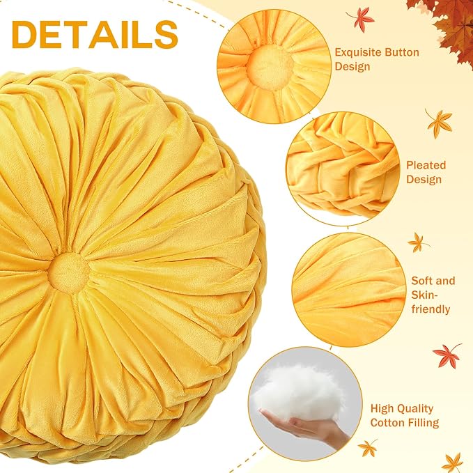 2 Pcs Round Throw Pillows 15 Inch Decorative Velvet Pleated Pumpkin Floor Boho - Image 3