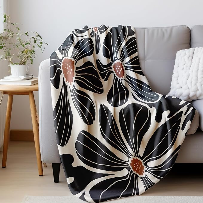 HIWX Boho Abstract Floral Blanket, Modern Abstract Boho Black Flower Throw - Image 5