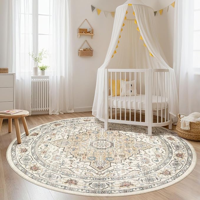 Round Rug Living Room Rugs: 8Ft Washable Boho Neutral Large Circle Soft Indoor - Image 5
