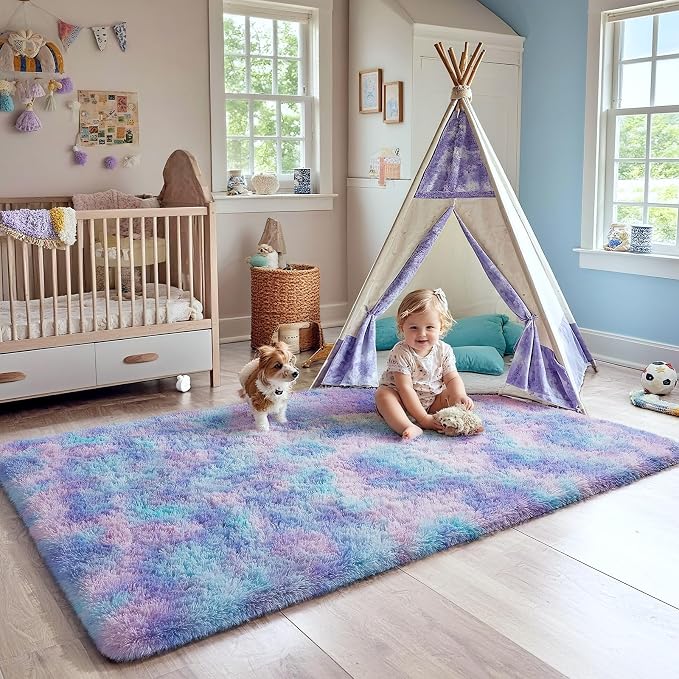 Ophanie Rainbow Purple Rug for Bedroom Girls, Kids Fluffy Kawaii Fuzzy Furry - Image 5