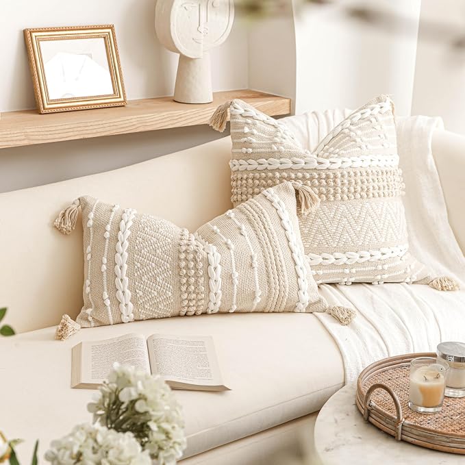 BlissBlush Decorative Lumbar Pillow Cover 14x24, Cream White Boho Accent Throw - Image 4