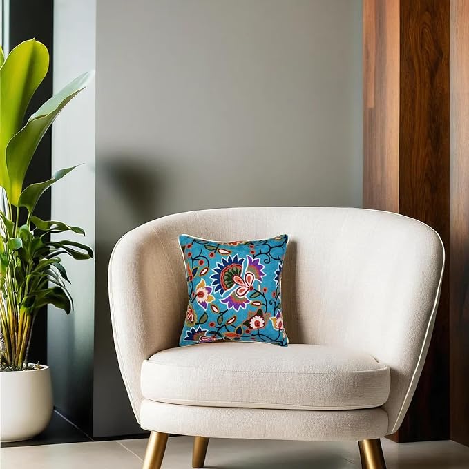 Turquoise Floral Pillow Cover Modern Flower Pillowcase Floral Hand Embroidered - Image 5