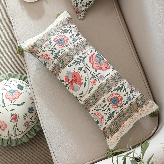 ISAENNE Design Lumbar Retro Elegance Linen Throw Pillow Covers 12"x28" Pack of 2 - Image 2