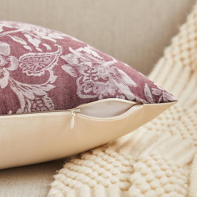 Floral Jacquard Throw Pillow Covers Set of 2, Background/Burgundy 24x24 Inch - Image 4