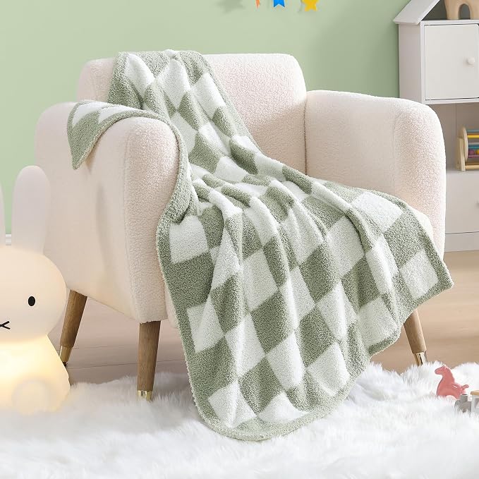 WRENSONGE Checkered Throw Blanket, Sage GreenSoft Cozy Fluffy Warm Hand Made - Image 5