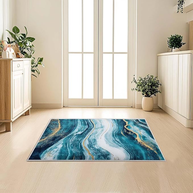 2x3 Abstract Entryway Area Rug Blue White Golden Bathroom Rug Non Slip Machine - Image 4