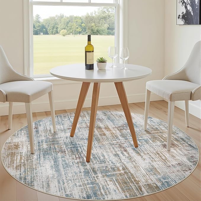 5ft Round Area Rug for Living Room: 5x5 Washable Neutral Abstract Modern Soft - Image 3
