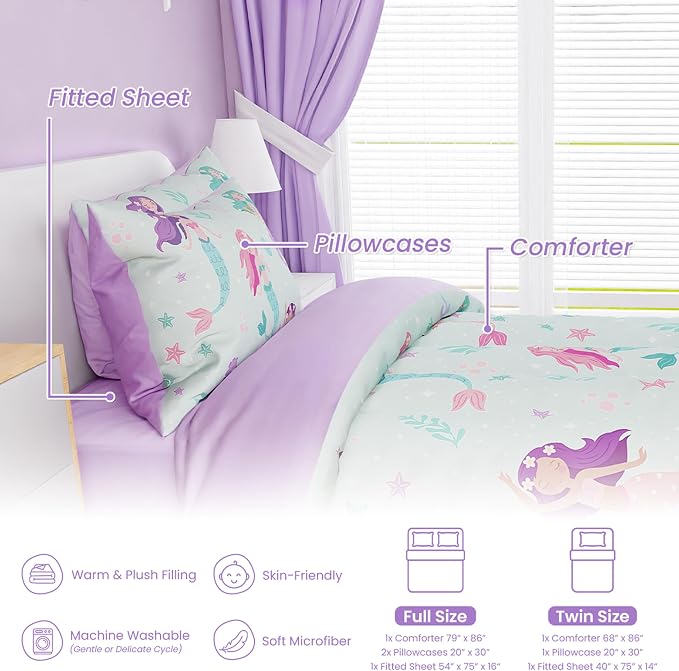 SANDJEST Mermaid Comforter Set Full Size 98x86in - Image 3