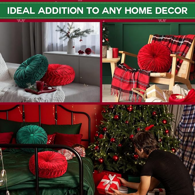 2 Pcs Round Throw Pillows 15 Inch Decorative Velvet Pleated Pumpkin Floor Boho - Image 6