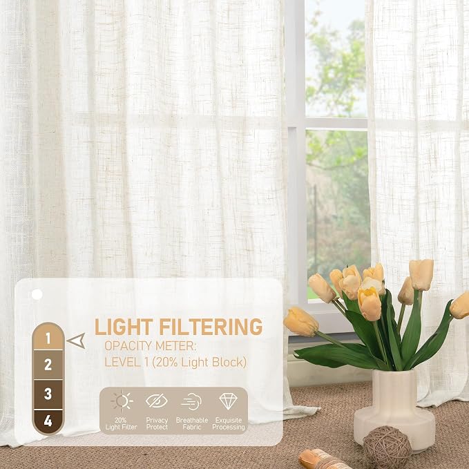 LAMIT Cream Linen Curtains 24 Inch Length, Semi Sheer Light Filtering Window - Image 4