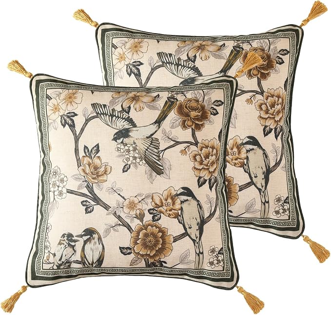ISAENNE Design Linen Chinoiserie Square Throw Pillow Covers 18"x18" Pack of 2 by Isaennehomedecoration