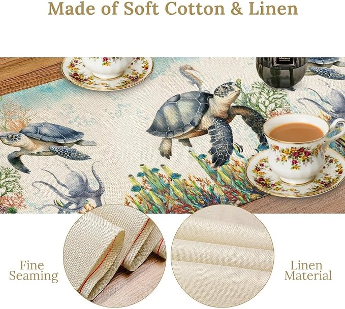 Ocean Animals Sea Turtle Table Runner Underwater Life Octopus Starfish Seaweed - Image 8
