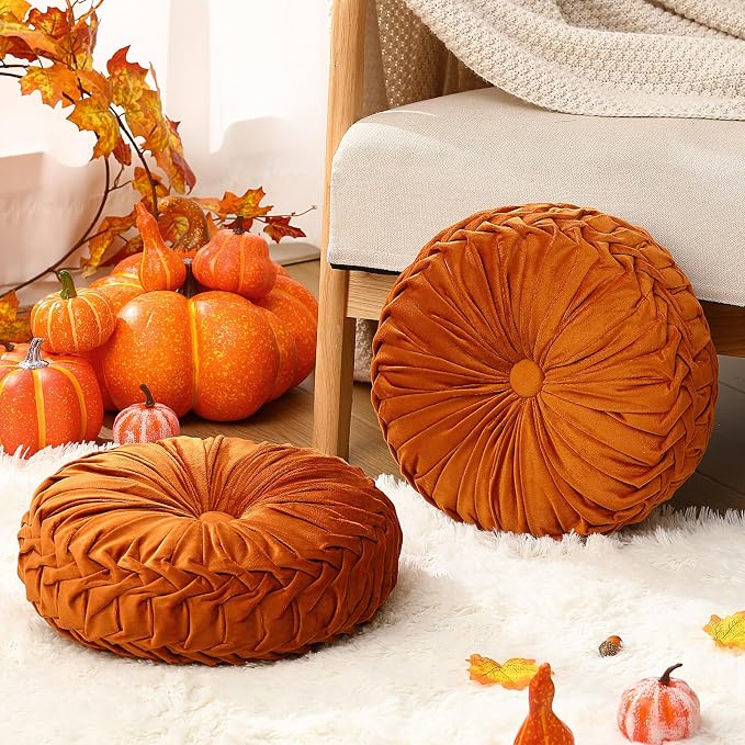 2 Pcs Round Throw Pillows 15 Inch Decorative Velvet Pleated Pumpkin Floor Boho - Image 4