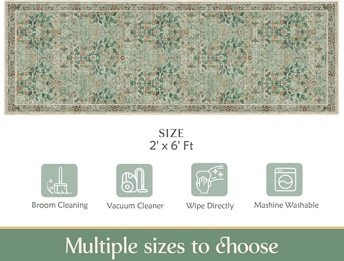 MUJOO Washable Runner Rug Green, Floral 2x6 Runners - Image 7