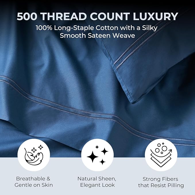100% Natural Cotton Bed Sheets | 500 TC Single-Ply Sateen Weave Full Size - Image 2