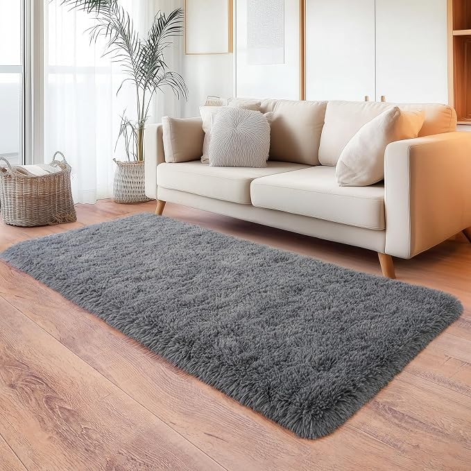 Deep Grey Runner Rug for Hallway, Bedroom Bedside Plush Rugs, Non Slip Fluffy - Image 2
