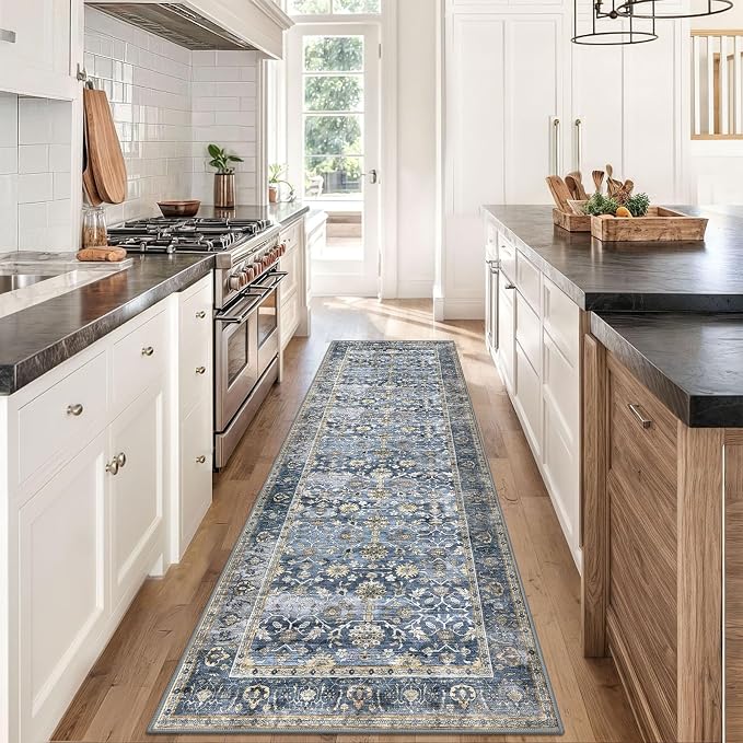 KUTA Vintage Washable Runner Rug, 2.6x8 Blue Grey Beige Runners - Image 2