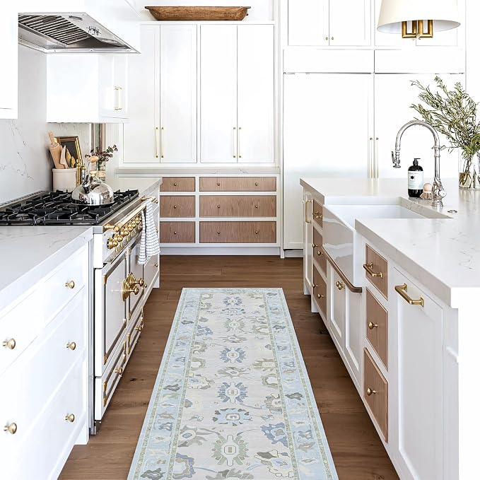 Fame Living Cream Blue Oushak Runner Rug, Modern Runners, Small Rugs, Short - Image 2