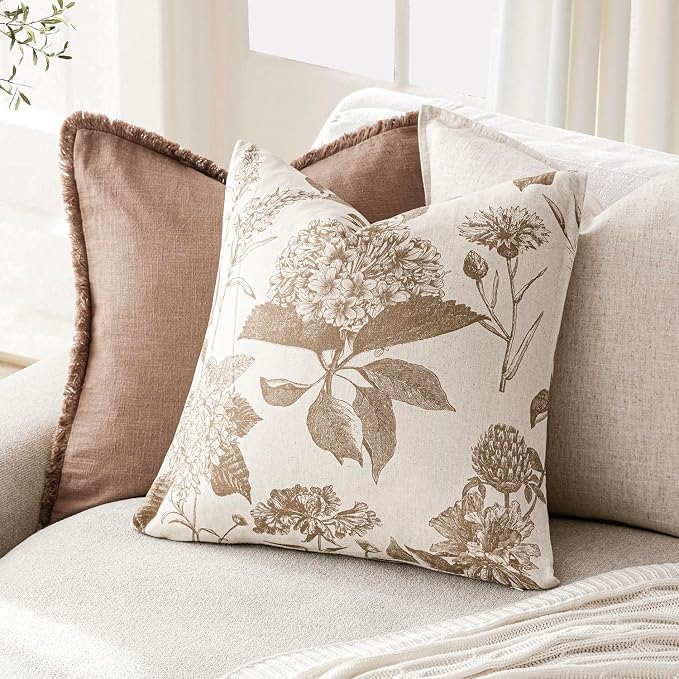 Foindtower Set of 2 Linen Floral Throw Pillow Covers Neutral Vintage Print - Image 4