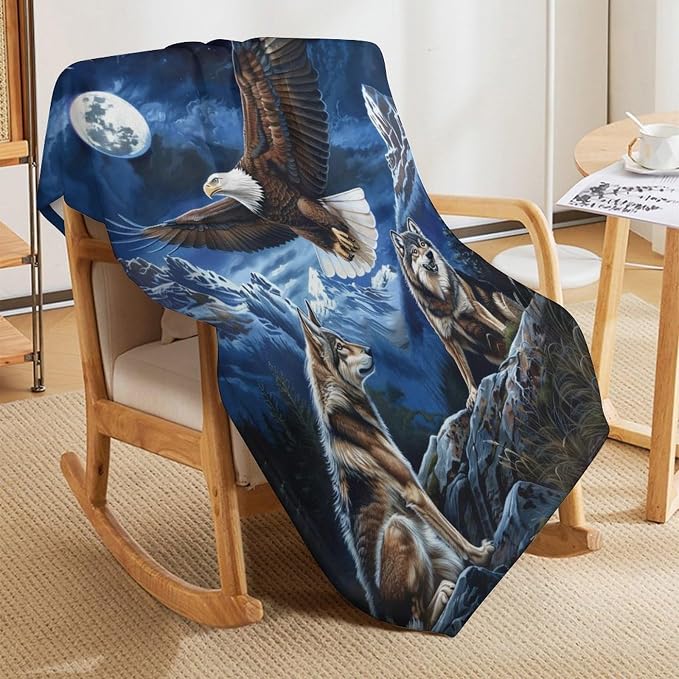 Bald Eagle Wolf Throw Blanket Wild Animal Print Blankets Gifts Couch Sofa Bed - Image 4