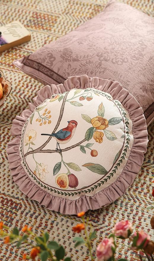 Pink Farmhouse Round Throw Pillow Covers, Birds and Flowers Pattern Cozy Velvet - Image 6