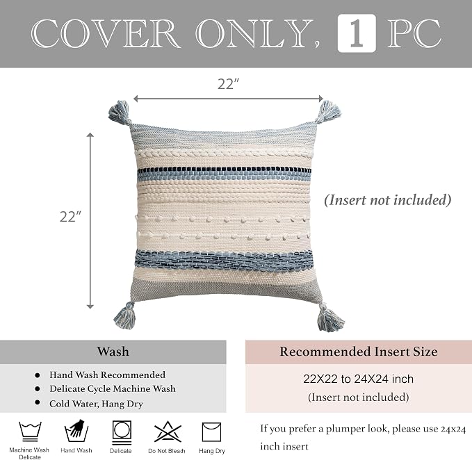 BlissBlush Coastal Blue Boho Decorative Throw Pillow Cover 22x22 Modern - Image 5