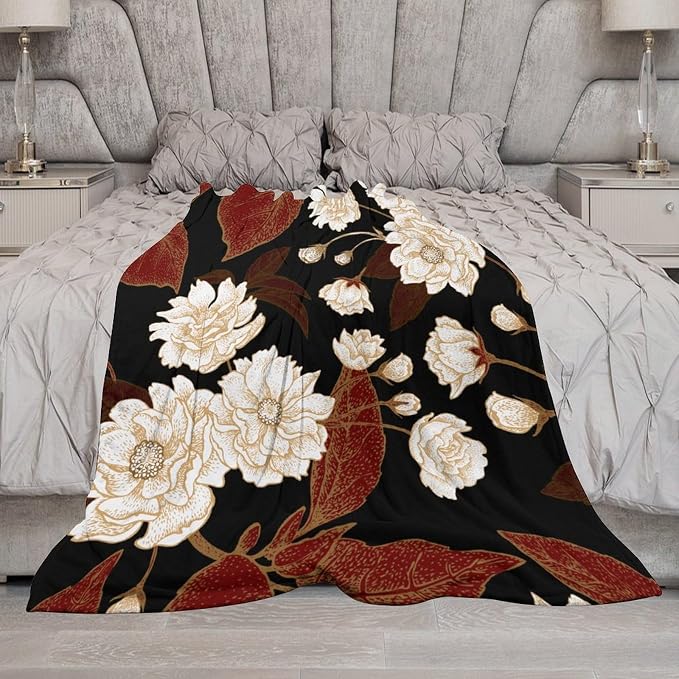 Red Gold Floral Blanket, Boho Dark Flower Leaves Chinese Plum Blossoms - Image 7