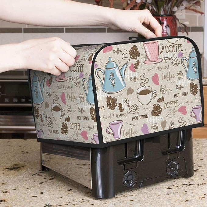 Beige Coffee Love Heart 4 Slice Toaster Cover, Waterproof Toaster Dust Cover - Image 2