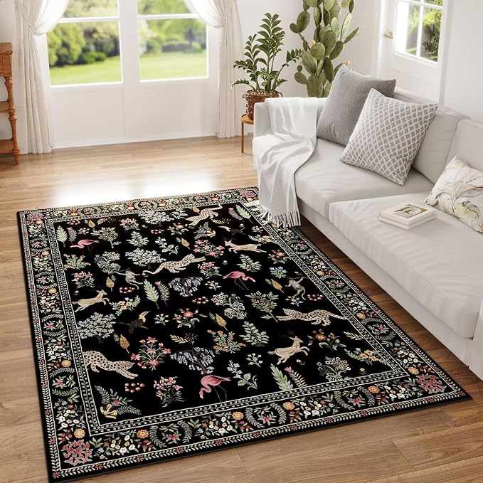 Rugcomf Area Rug 4x6 Rug Washable Boho Rugs Non Slip Low Pile Floral Animal by Rugcomf