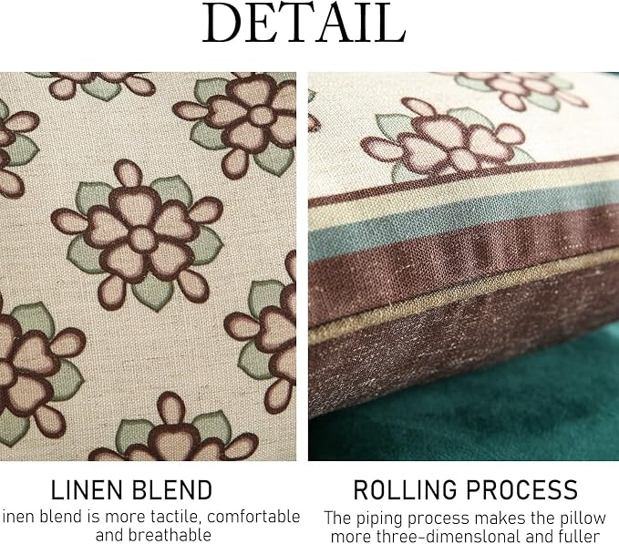 ISAENNE Design Lumbar Brown Floral Linen Throw Pillow Covers 12"x20" Pack of 2 - Image 4