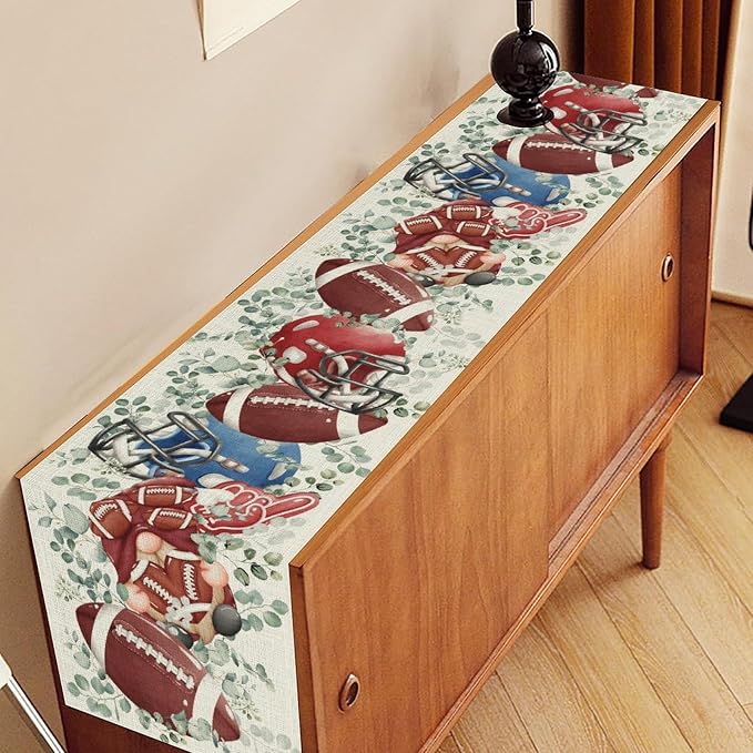 Rugby Table Runner, Seasonal Eucalyptus Rugby Boy Gnome Football Game Day - Image 3