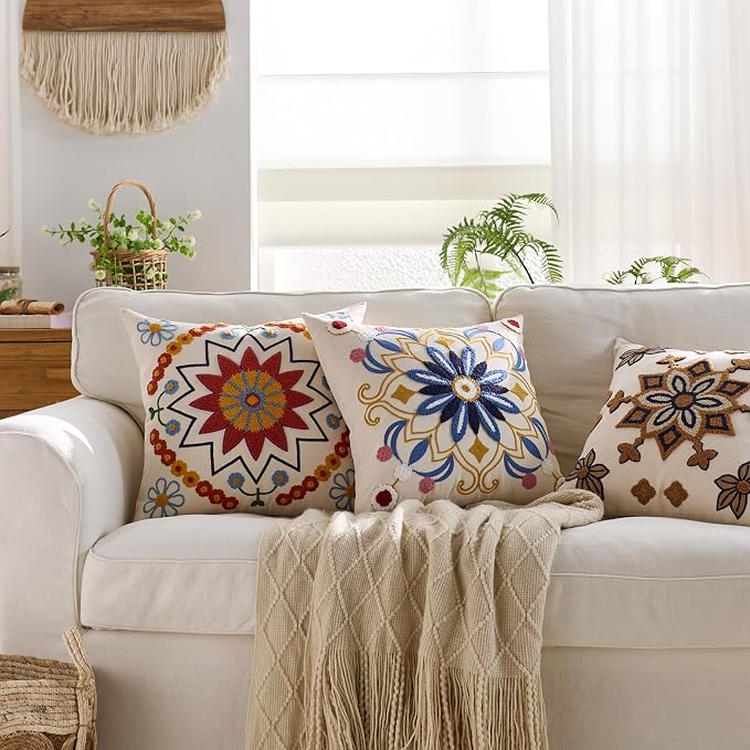 Embroidered Throw Pillow Cover 22x22 Classic Boho Floral Pattern Pillows Cover - Image 5