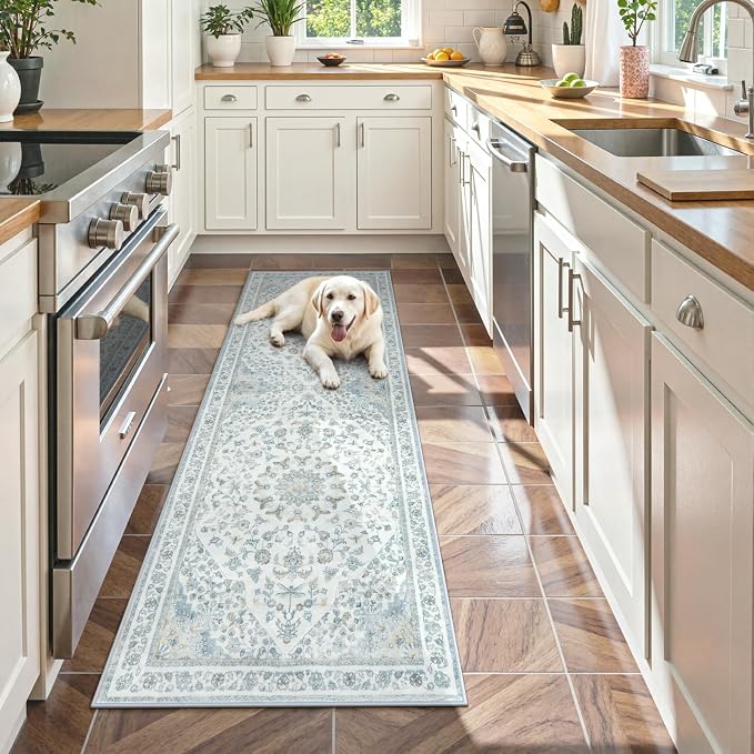 Moynesa Vintage Washable Blue 2x6 Hallway Runner Rug, Neutral Distressed by Moynesa