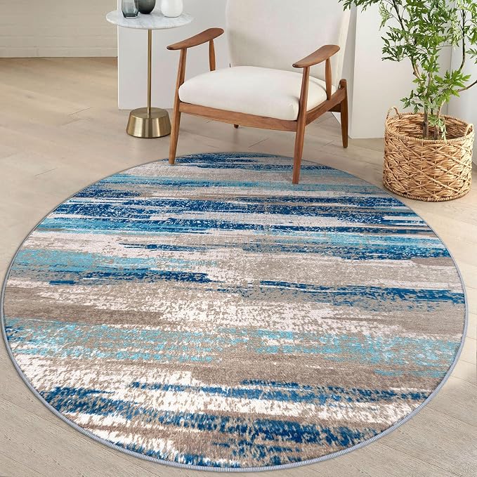 Modern Abstract Round Rug 5Ft, Circular Dining Room Rugs Thin Print Faux Wool by lansny