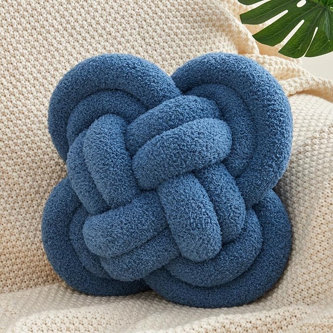 Xiashrk Knot Pillow Ball, Dark Blue Knotted Plush Throw Pillow Handmade Square by Xiashrk