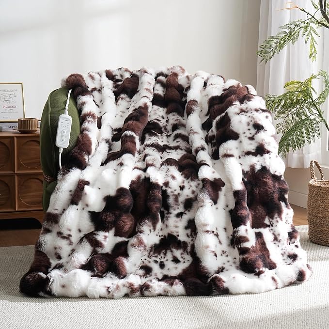 Cow Print Heating Throw Blankets Luxurious Western Soft Bubble Faux Rabbit Fur by Unknown