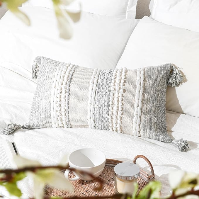 BlissBlush Gray Decorative Lumbar Pillow Cover 14x24, Boho Accent Throw Pillow by BlissBlush