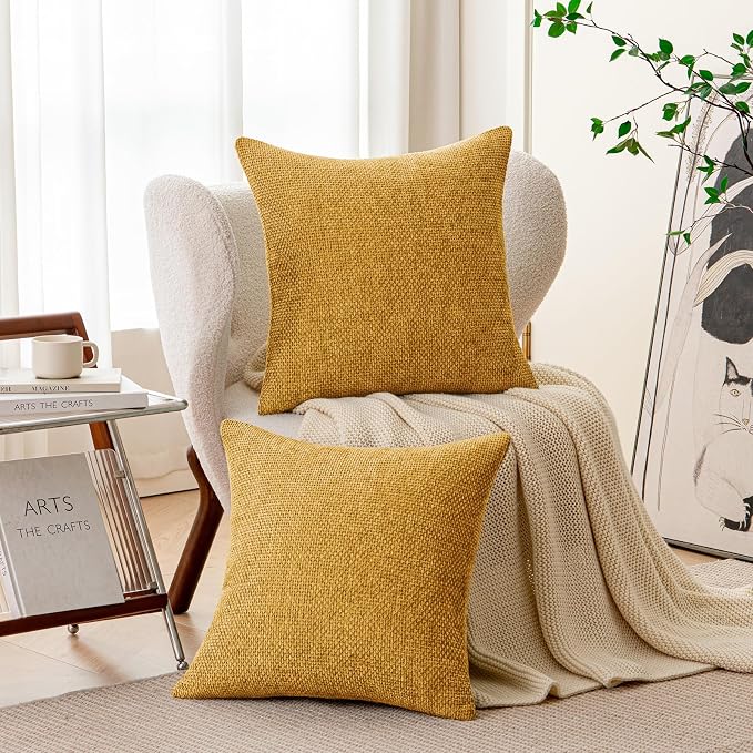 a moment Fall Mustard Yellow Chenille Throw Pillow Covers 16x16 Inch Pack of 2 - Image 2
