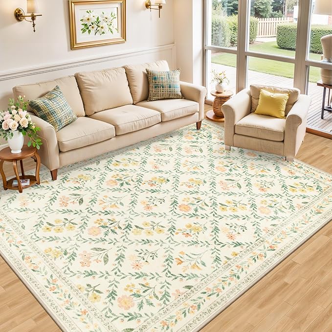 10x14 Area Rugs for Living Room: Floral Washable Rug Vintage Large Soft Boho - Image 2