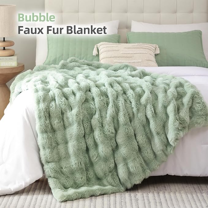 Smoofy Faux Fur Throw Blanket for Couch – Sage Fluffy Cozy Rabbit Fleece - Image 2