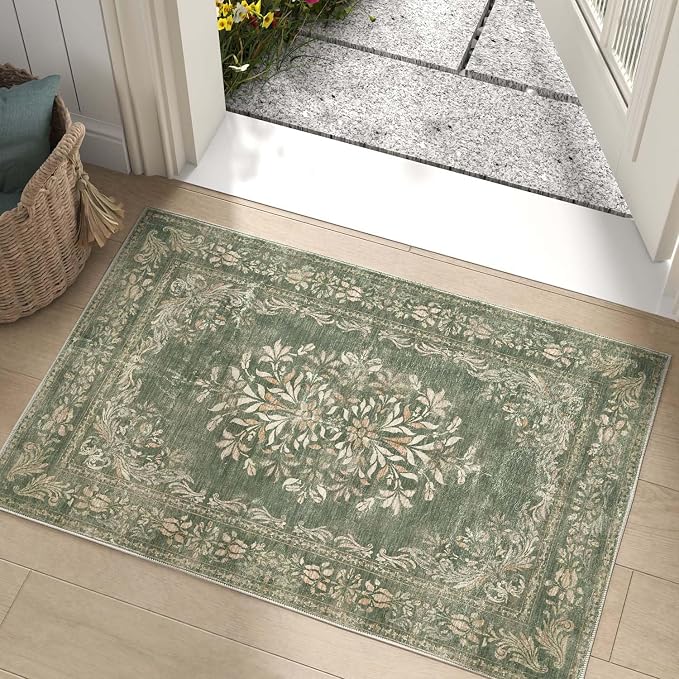 jinchan Green Floral 2x3 Rug for Entryway by JINCHAN