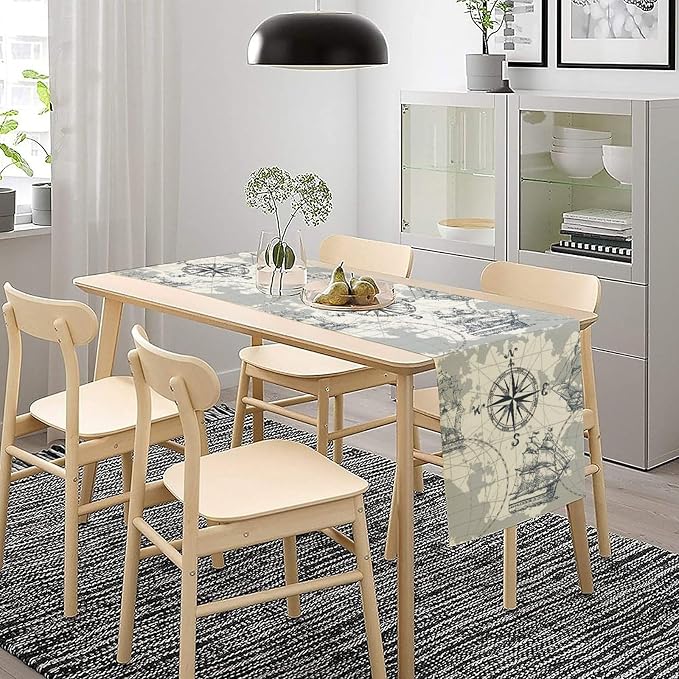 Nautical Sailboat Table Runner Vintage Adventure Coastal Compass Anchor Sketch - Image 3