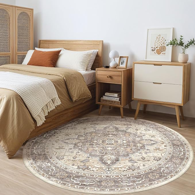Round Rug Living Room Rugs: 8Ft Washable Boho Neutral Large Circle Soft Indoor - Image 4
