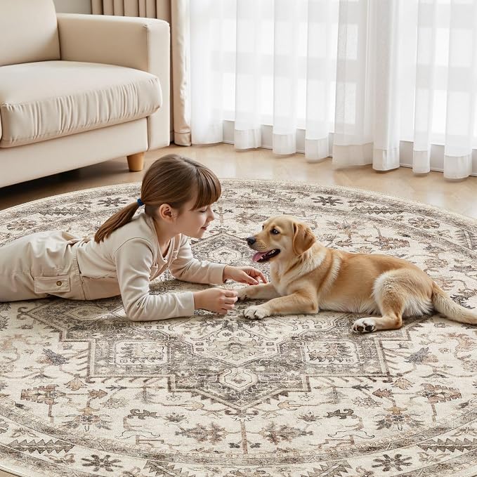 8ft Round Vintage Living Room Area Rug - Image 5