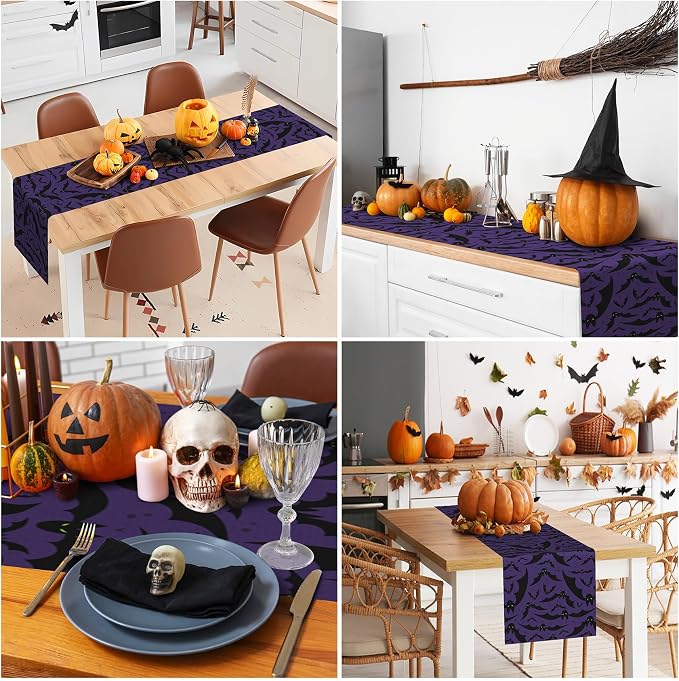 Happy Halloween Table Runner Horror Purple Bats Seasonal Holidays Indoor - Image 5