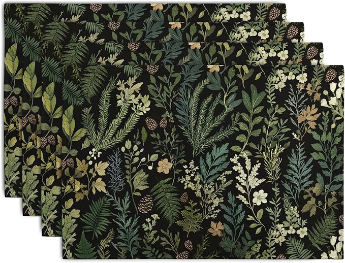 Black Sage Green Plant Placemats Set of 4 Vintage Botanic Fern Leaves Herb by Wnoesat