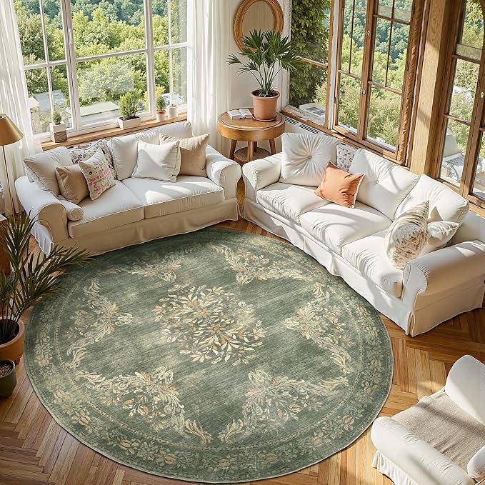 jinchan Round Rug 8ft Area Rugs, Vintage Floral Distressed Design Machine by JINCHAN